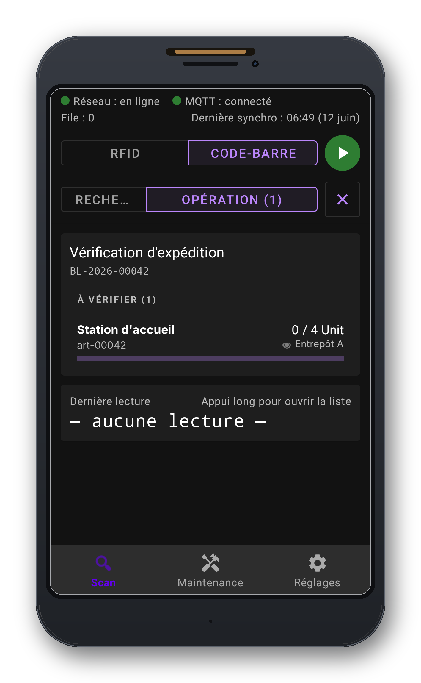 Application Aptitude IoT sur un terminal durci Chainway C72 : vérification d'expédition, RFID et code-barres, connectée à ERPNext.