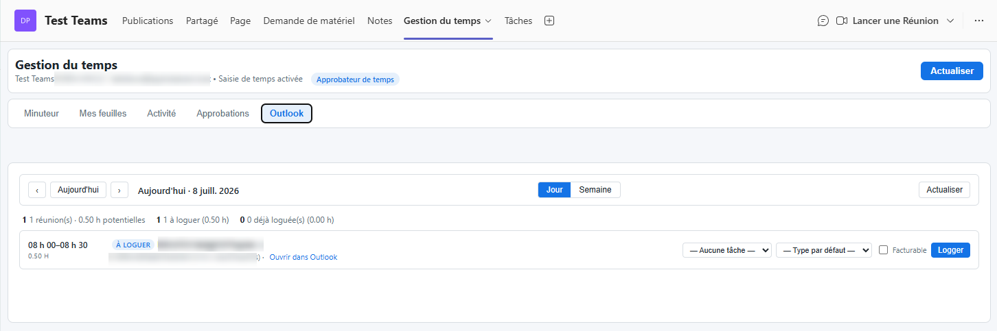 Onglet Outlook dans Microsoft Teams : réunions du jour prêtes à convertir en feuille de temps.